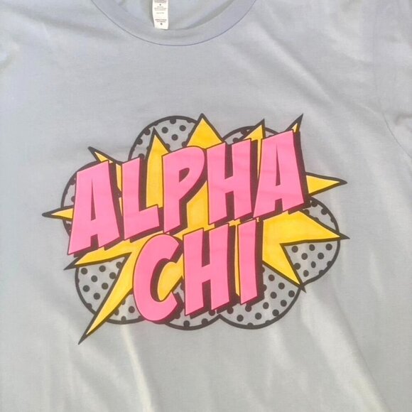 Alpha Chi Sorority T-Shirt Bella + Canvas Comic Graphic Size Medium Light Blue - Picture 2 of 6
